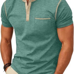 Men's Henley Shirt Casual Button Short Sleeve T-Shirt Summer Patchwork Color Block Tee Shirts ﻿