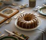 A beautifully iced Bundt cake on a dinner table set elegantly for guests in Kraków.
